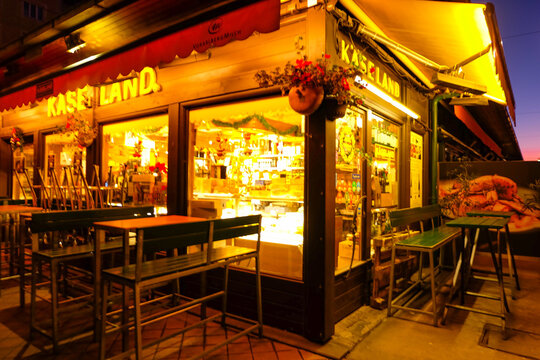 The Naschmarkt food marketmarket at the evening, night time in Vienna, Austria 