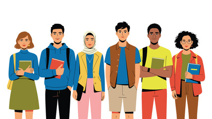 Obraz premium Diverse group of cheerful college students standing together holding books happy multiracial classmates university education learning knowledge vector illustration for school projects higher education