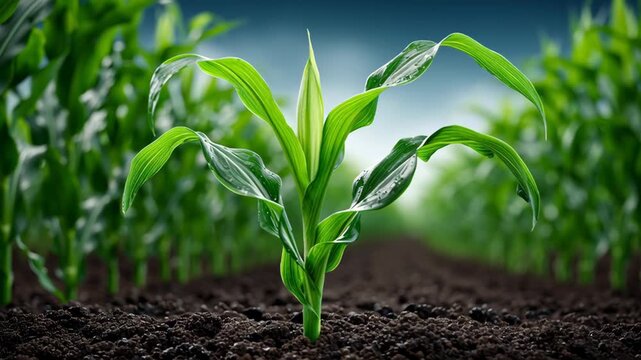Green corn plant with vibrant leaves grows steadily in rich soil, surrounded by rows of similar plants under a clear blue sky, showcasing agricultural growth and vitality in a field setting
