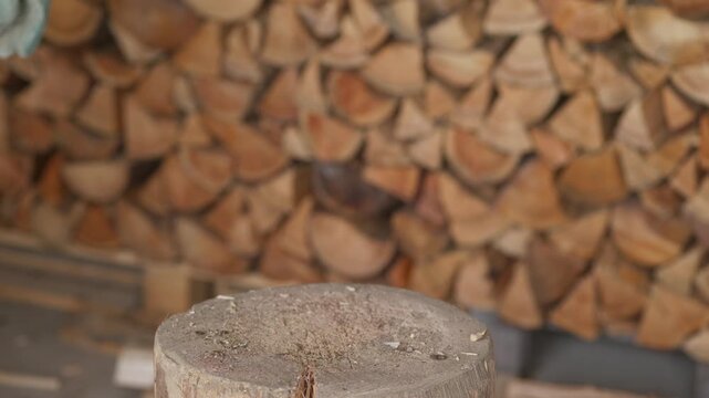 Hands placing a split firewood log on a chopping block and cutting it with an axe to prepare fuel