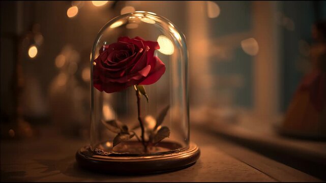 Elegant red rose preserved under glass dome with warm soft lighting and blurred background for romantic decor