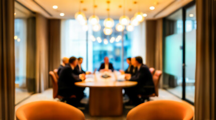 Blurred image of a business meeting around a conference table in a modern office boardroom with warm lighting and large windows
