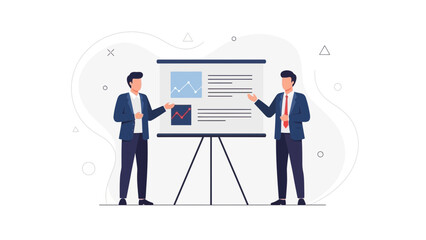 Business presentation with charts on whiteboard, two men in suits discussing strategy