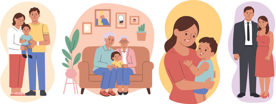 Happy multi-generational family spending time together vector illustration of diverse parents grandparents and child in various poses representing family bonds love support family values in modern fla