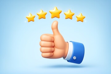 Thumbs up hand with five golden stars showing excellent customer review concept on light blue background in colorful cartoon style. Ai generative