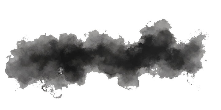 Black ink splat and white ink splashes create a watercolor texture illustration featuring a smoke pattern and nature elements on paper with a blue cloud design