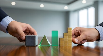 Hands of two professionals arranging diverse geometric blocks&mdash;a cube, pyramid, and cylinders&mdash;symbolizing strategic business building and growth.