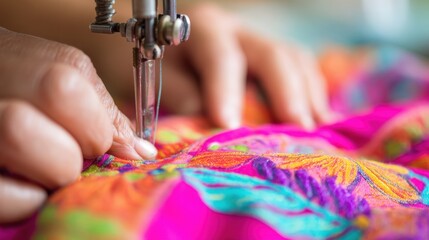 Fototapeta premium Woman sews colorful fabric in a crafting session during the day