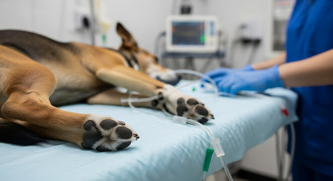 Veterinarian in blue scrubs examining a sedated dog on a medical table in a clinic environment from a close-up viewpoint