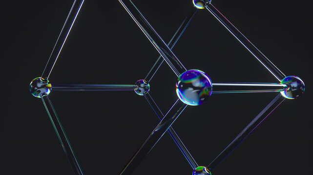 Abstract 4K animation of a rotating glass atom array cube with iridescent dispersion and refraction. Seamless loop of futuristic molecular structure for science, quantum tech and medical research.