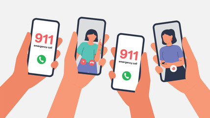 Urgent 911 Emergency Call with Smartphone Mobile Technology Telecommunications and Video Chat Communication with First Responders and Medical Professionals in Healthcare Industry Concept and Public Sa