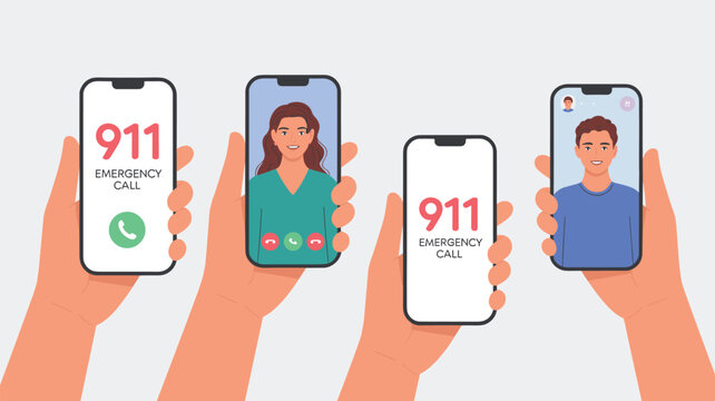 Emergency 911 call on smartphone with woman and man video conference communication for urgent help assistance service vector illustration on mobile phone technology for healthcare support telemedicine