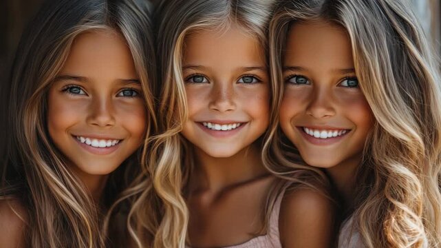 selective focus happy triplets smiling together