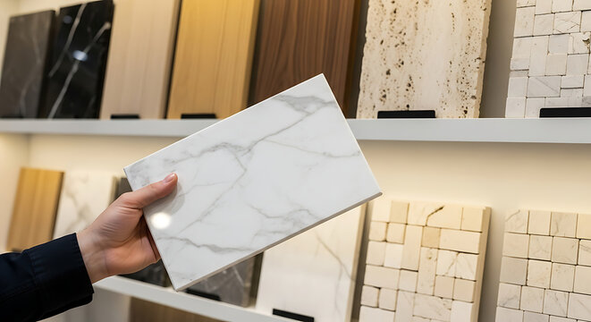 Hand holding a marble tile sample in front of various stone and wood samples on display in a store