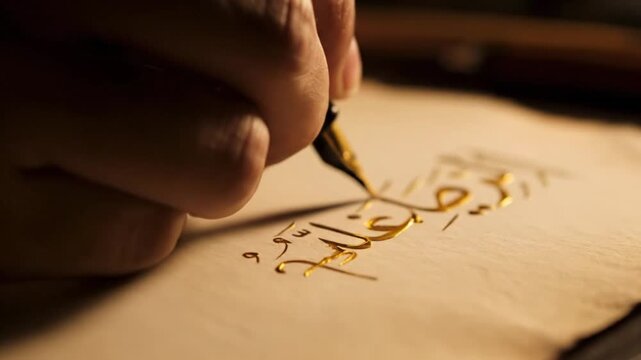 Hand Writing with Calligraphy Pen on Paper.