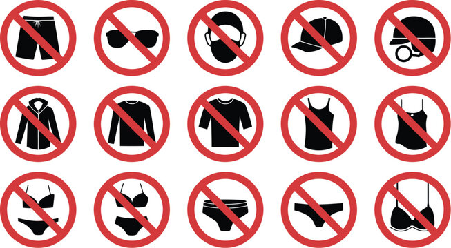 Clothing restriction prohibition sign bundle set with t shirt hoodie sunglasses hat cap helmet underwear and apparel ban symbols vector