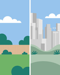 Cartoon City vs Countryside Landscape Comparing Urban and Rural Scenery with Modern Buildings and Natural Greenery for Real Estate Development Brochure Backgrounds and Environmental Awareness Campaign