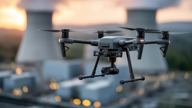 Military drone in loiter mode above heavily guarded power station, defocused distant heat signatures of cooling towers and vehicle movement captured, surveillance operations, with