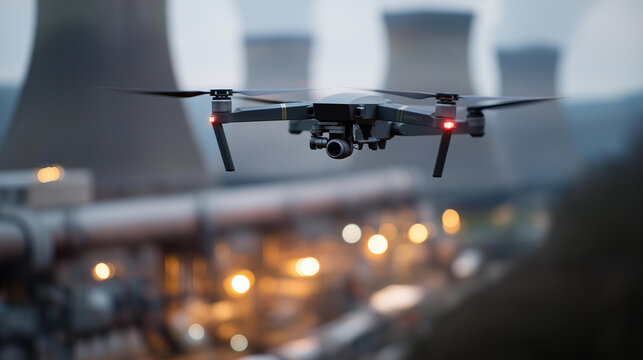 Military drone in loiter mode above heavily guarded power station, defocused distant heat signatures of cooling towers and vehicle movement captured, surveillance operations, with