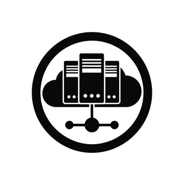 Black and white icon of servers on a cloud with a circle around it