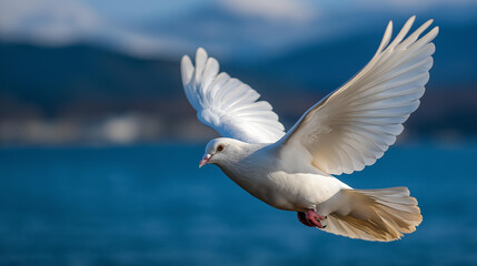 Obraz premium Majestic white dove soaring gracefully, defocused calm blue sky background, freedom and hope representation, peaceful flight, spiritual symbolism, with copy space