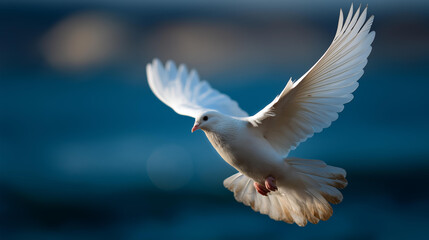 Fototapeta premium Majestic white dove soaring gracefully, defocused calm blue sky background, freedom and hope representation, peaceful flight, spiritual symbolism, with copy space