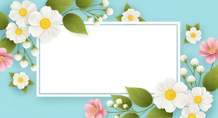 Floral frame with white daisies and pink flowers on light blue background