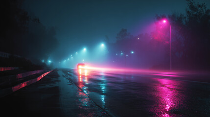 Foggy night road with car, neon lights reflecting on wet asphalt, creating futuristic mysterious urban atmosphere scene
