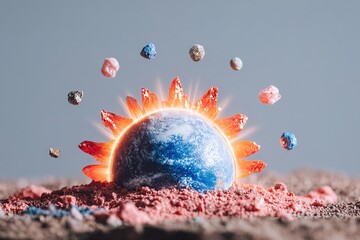 Creative art showing planet Earth surrounded by colorful rocks forming a sun in a sandy landscape during daytime