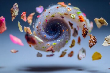 Colorful spices and herbs swirl in a beautiful pattern against a dark background