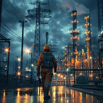 Man in a yellow helmet stands in front of a large industrial plant. The sky is dark and cloudy, and the lights of the plant are shining brightly. Concept of danger and uncertainty