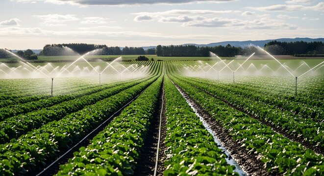 Automated sprinklers are diligently watering long, vibrant rows of green crops in a vast agricultural field under a bright sky.