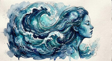 Illustrazione ad acquerello di donna con capelli fatti di onde marine e meduse