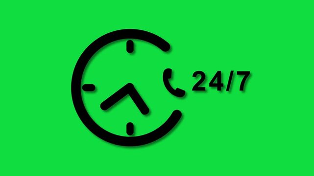 A modern 24/7 customer support icon featuring a clock and phone symbol on a green background, representing round-the-clock service, instant assistance, and continuous availability