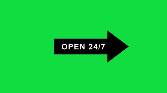 A black right-pointing arrow with white &ldquo;OPEN 24/7&rdquo; text on a bright green background. This visual represents nonstop availability, round-the-clock service, always-open businesses, online platforms,