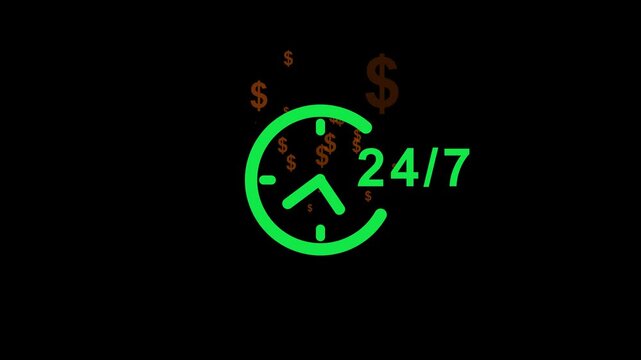 A modern 24/7 service and income concept illustration featuring a blue clock icon with continuous availability and floating dollar symbols in the background