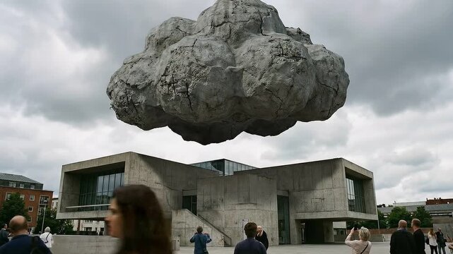 Heavy Concrete Cloud Floating Over Brutalist Building
