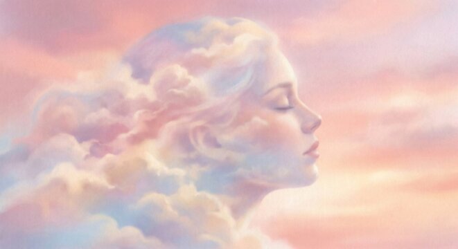 Illustrazione onirica di volto femminile che si dissolve in morbide nuvole pastello