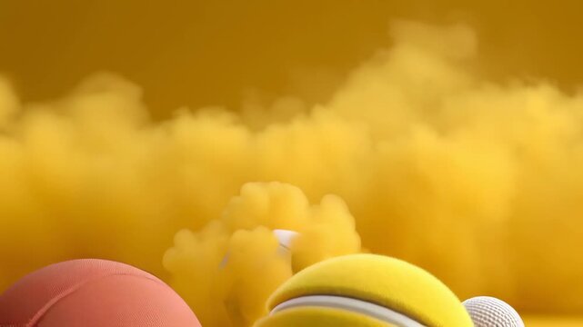 Colorful sports balls including a soccer ball, tennis ball, football, and golf ball floating against a vibrant yellow background with soft smoke effects creating a dynamic visual atmosphere