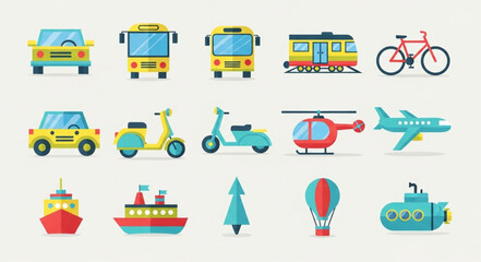 Obraz premium Collection of colorful cartoon transportation vehicles and modes of travel.
