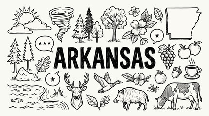 Arkansas State Cartoon Vector &ndash; Hand-Drawn Icons Featuring Wildlife, Tornado, Canoe, Coffee, Crops, and Map for Travel, Nature, and Southern Culture Design
