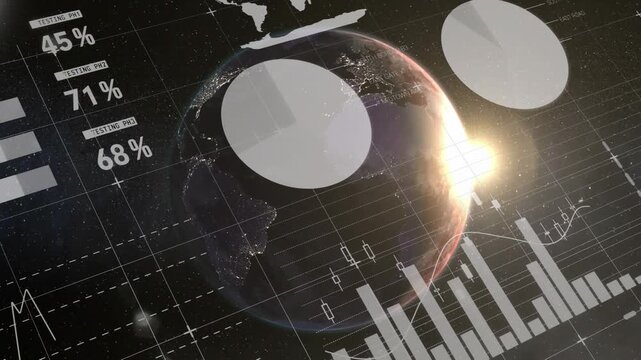 Animation of infographic interface over rotating globe against illuminated object in space
