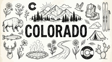 Colorado State Cartoon Vector &ndash; Hand-Drawn Icons Featuring Mountains, Wildlife, Hot Springs, Hiking Gear, and Nature for Travel, Adventure, and Rocky Mountain Design