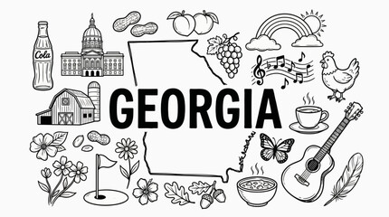 Georgia State Cartoon Vector &ndash; Hand-Drawn Icons Featuring Map, Capitol, Guitar, Peanuts, Chicken, Coffee, and Grapes for Travel, Culture, and Southern Design