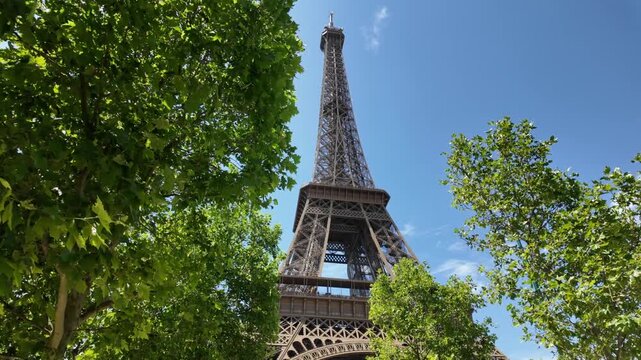 Eiffel tower in paris framed by green leaves on a sunny day with blue sky, showcasing its iconic iron lattice structure and architectural beauty from a low angle perspective