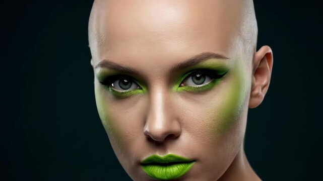 Bald caucasian woman with bold green eye makeup and lips. Close-up sequence of facial poses on black background. Beauty fashion concept showcasing vibrant cosmetics application.