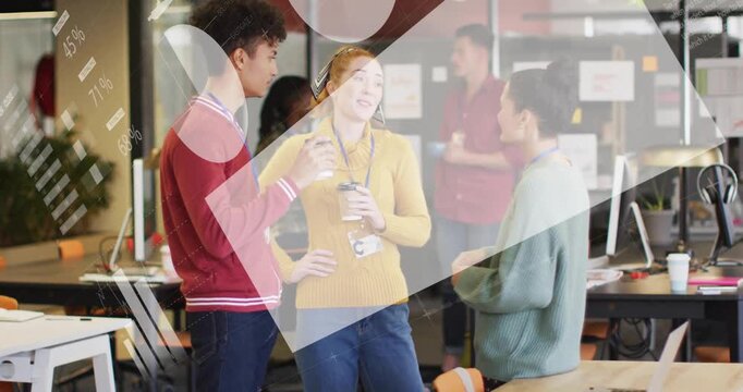 Animation of graphs and computer language over diverse friends having coffee and chatting in office