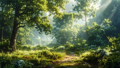 Obraz premium Sunlight Stream Through Lush Forest Canopy, Peaceful Nature Path, Morning Serenity