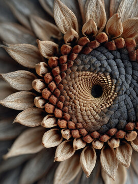 Low key lighting dry sunflower center with spiral seed pattern and textured petals creating moody natural composition