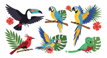 Fototapeta premium Collection of colorful tropical birds and foliage.